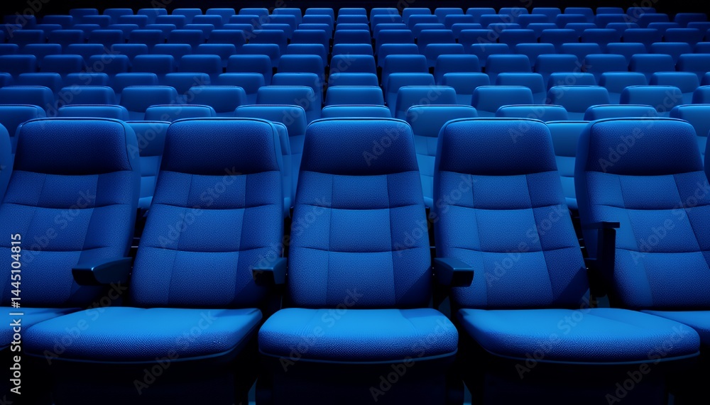Fototapeta premium Rows of Plush Blue Cinema Seating with Atmospheric Lighting in Empty Theater, Geometric Arrangement, and Detailed Upholstery Creating a Comfortable and Modern Interior Aesthetic