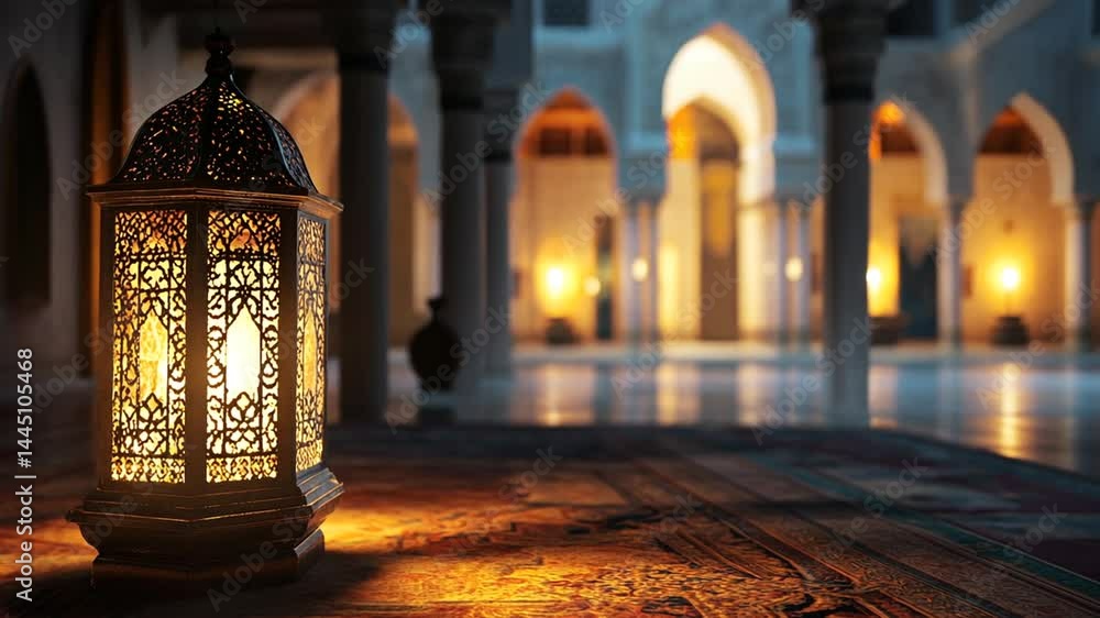 Elegant islamic lantern illuminating a serene mosque courtyard at twilight Elegant islamic lantern illuminating a serene mosque courtyard at twilight