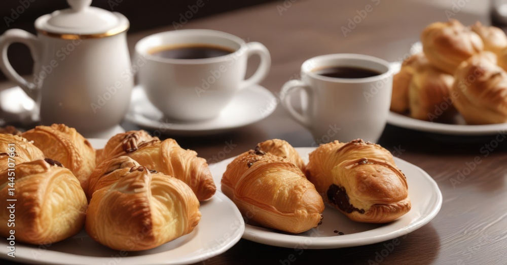 Close-up of rich coffee and tempting pastries , morning, muffin, sugar Close-up of rich coffee and tempting pastries , morning, muffin, sugar