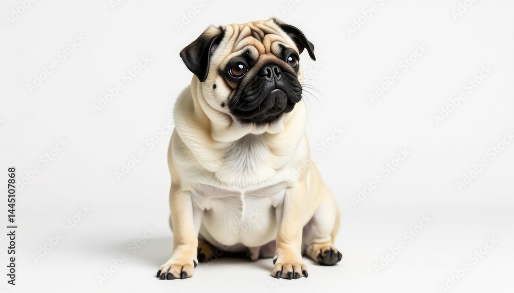 Obraz premium Adorable pug dog sitting, isolated on white background, dog breed, canine, isolated