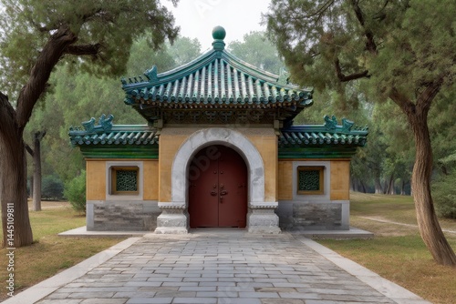 Wallpaper Mural Ornate building facade with green tiled roof and aged stone path in a park setting. Torontodigital.ca
