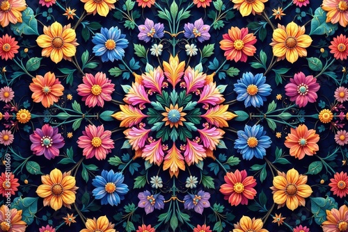 Intricate floral textile design, repeating motif , illustration, seamless, flowers