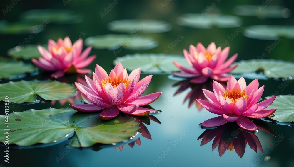 Vibrant water lilies create floral pattern on lake, plants, background Vibrant water lilies create floral pattern on lake, plants, background