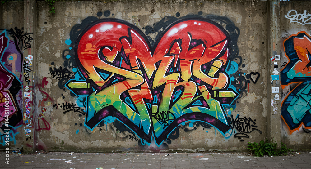 Colorful heart-shaped graffiti on a wall Colorful heart-shaped graffiti on a wall