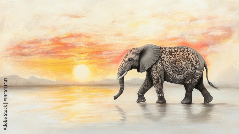 Fototapeta premium Ornate elephant walks sunset, reflective water.
