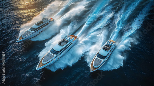 Aerial View of Three Luxurious Yachts Racing Across the Ocean