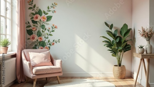 Floral botanical elements, soft pastel hues, vintage style interiors, repeat, design