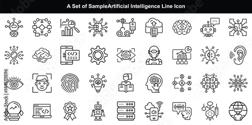 Artificial Intelligence Line Icon Set, AI Machine Learning Graphics