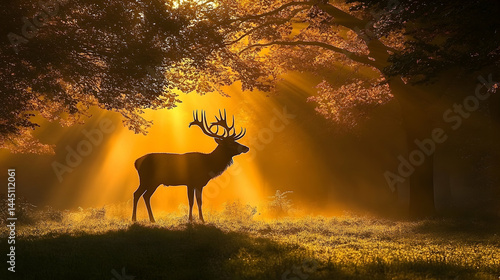 Majestic Stag Silhouetted in Golden Sunlight Within a Forest Cle