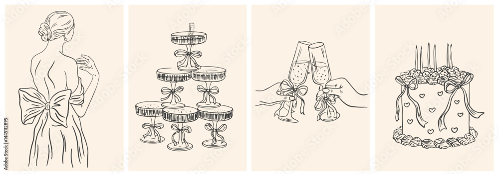 Fototapeta premium Hand drawn chalk Italian style wedding posters. Wine, champagne tower, bride, cake drawings for wedding invitations, menu and parties. Ink doodle sketch style. Coquette vintage vector illustrations