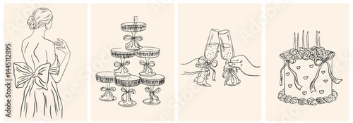 Hand drawn chalk Italian style wedding posters. Wine, champagne tower, bride, cake drawings for wedding invitations, menu and parties. Ink doodle sketch style. Coquette vintage vector illustrations