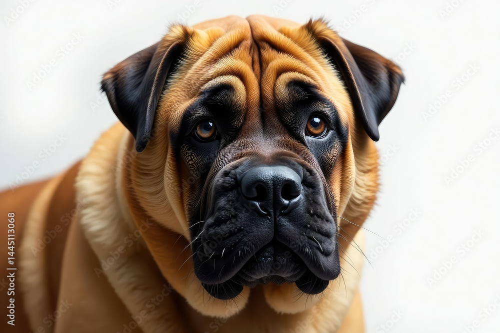 Imposing mastiff, intense gaze, pure white backdrop, ears, wallpaper Imposing mastiff, intense gaze, pure white backdrop, ears, wallpaper