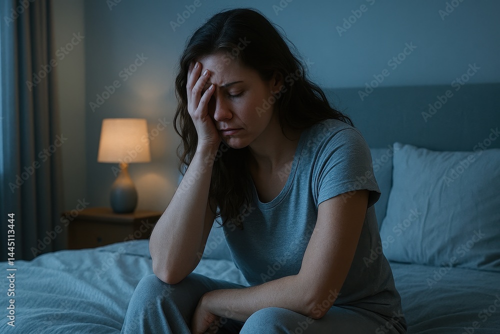 Woman sitting on the bed with a stressed expression overwhelmed by exhaustion Woman sitting on the bed with a stressed expression overwhelmed by exhaustion