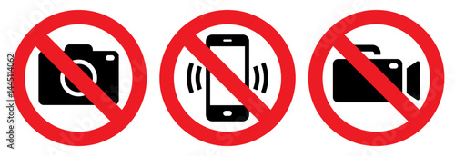 Warning signs - no phone, no camera, no camcorder. Mobile phone, taking photos and video prohibited.