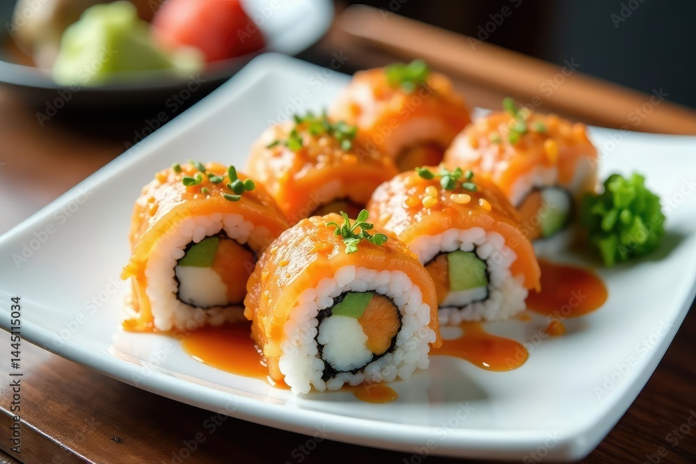 Variety of sushi rolls on white plate, soy sauce, wasabi, uramaki, nigiri, sushi platter Variety of sushi rolls on white plate, soy sauce, wasabi, uramaki, nigiri, sushi platter