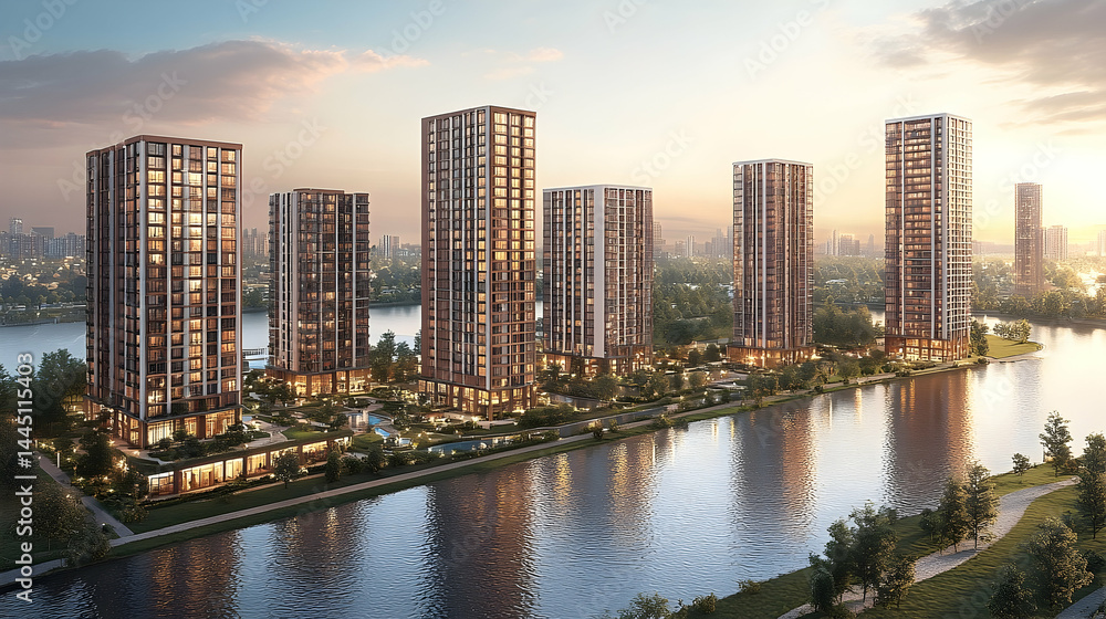 Naklejka premium Modern Waterfront High-Rise Apartment Complex at Sunset