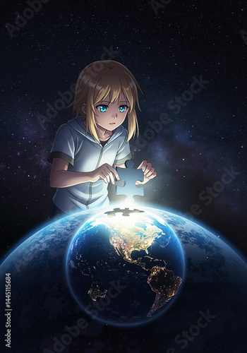 Young child solving puzzle on Earth against starry space background  