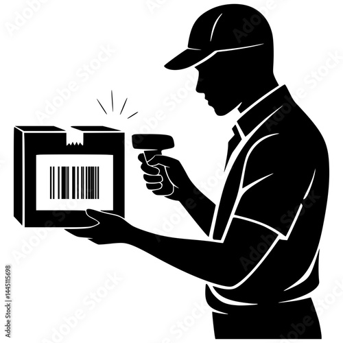 Silhouette of a courier scanning a barcode on a package with a handheld device, action-focused, solid black vector on white.