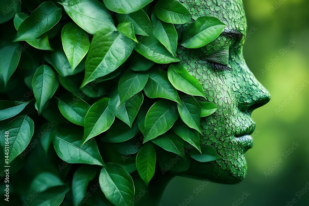 Fototapeta premium Abstract Female Face with Green Leaves, Nature and Human Connection, Environmental Concept