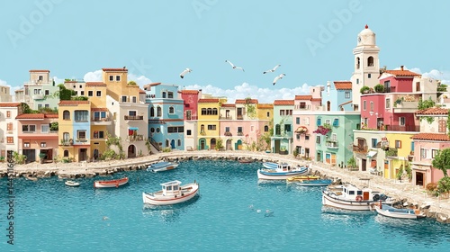 Wallpaper Mural Colorful seaside village with boats in calm harbor and pastel buildings under clear blue summer sky Torontodigital.ca