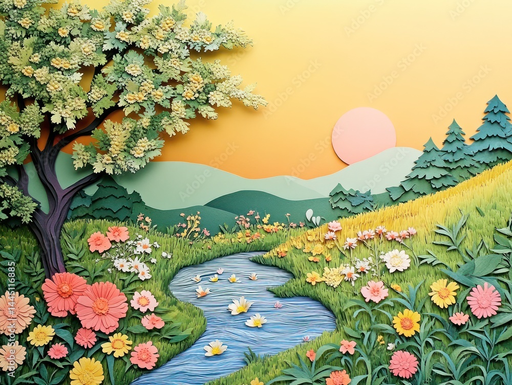 cut paper style illustration of a gentle stream in a flowery meadow
