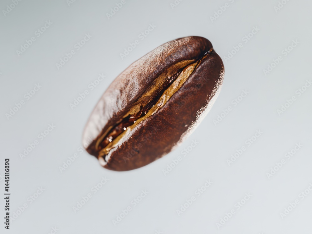Ultra close-up view of a single plump coffee bean isolated on ligh gray background