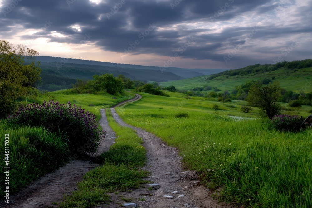Naklejka premium Dirt Road Through Green Hills Landscape