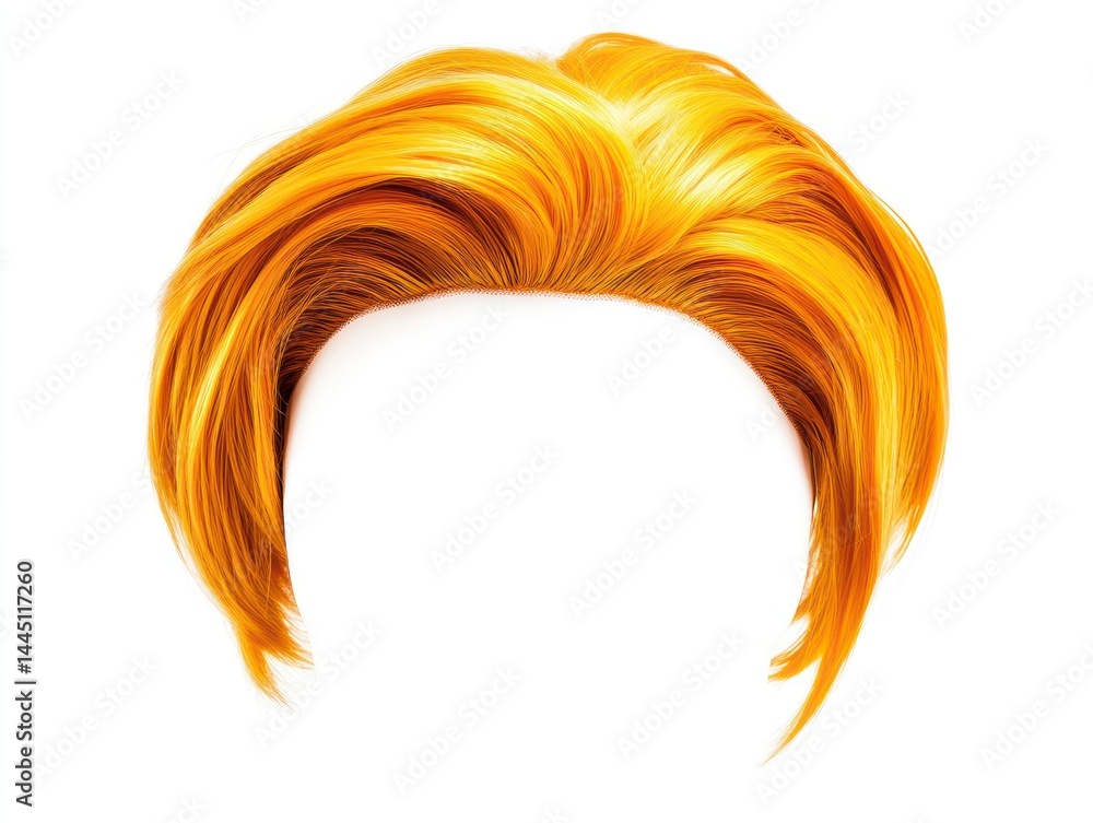 yellow hair wig on a white background, haircut with a side part and a sleek style