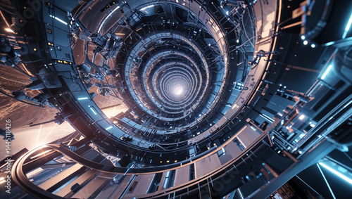 Fototapeta Naklejka Na Ścianę i Meble -  Abstract futuristic space station interior tunnel with circular technology and scifi design