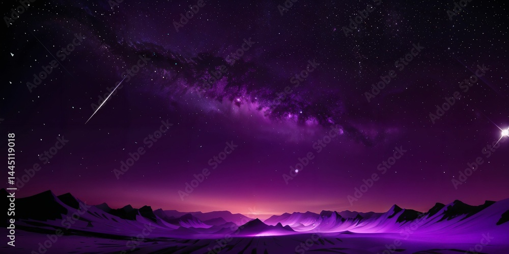 Fototapeta premium Vibrant purple night sky filled with shooting stars and glowing constellations. A dreamy digital illustration capturing the vast beauty and wonder of the cosmos at twilight.