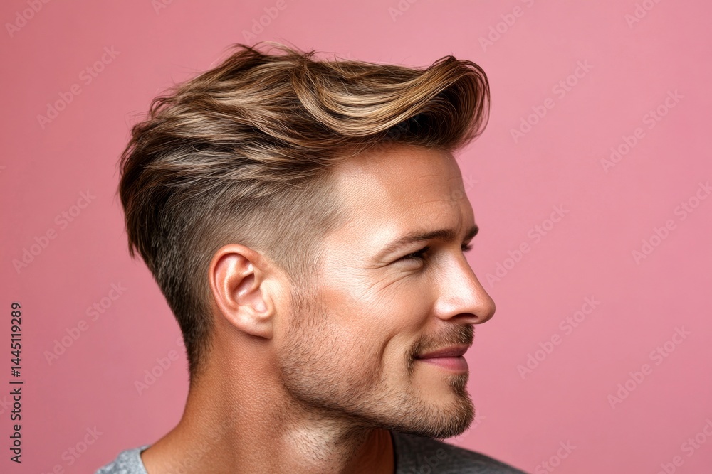 Fototapeta premium A sophisticated gentleman in a well-lit studio. Creative art of style for aging men. Pink solid background. Classy men's wavy bob haircut - midlife white man with blond hair.