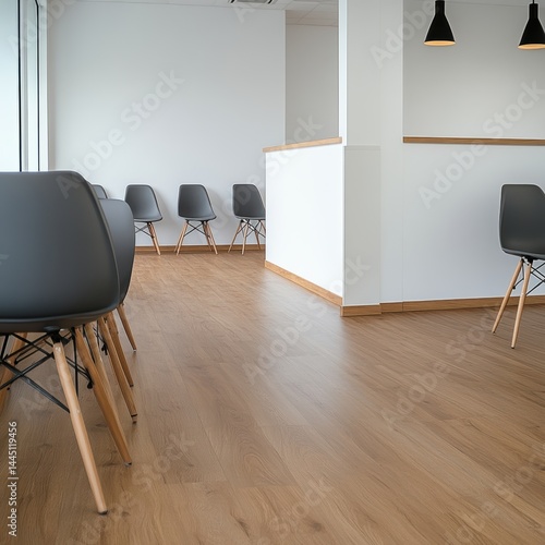 Empty waiting room with chairs on wooden floor minimalist design for a doctor office or reception interior