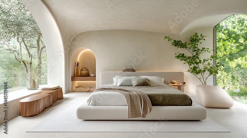 Modern Bedroom Oasis: An eco-conscious interior with a cozy platform bed, nature-inspired elements, and light-filled open space.