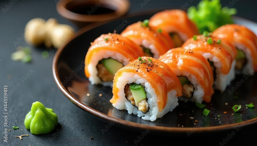 Various sushi rolls, wasabi, ginger, soy sauce, wasabi, nigiri, meal Various sushi rolls, wasabi, ginger, soy sauce, wasabi, nigiri, meal