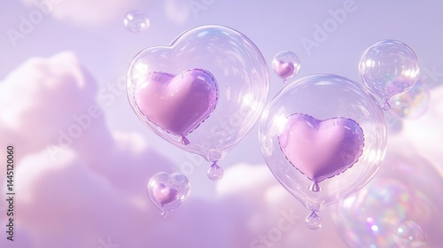 Heart-shaped balloons inside translucent bubbles against a soft pastel sky