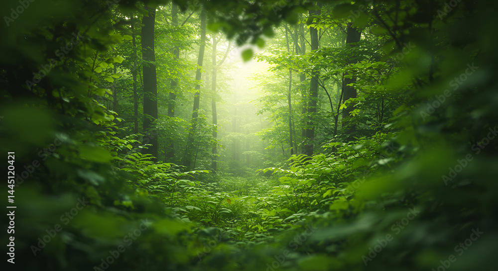 Fototapeta premium Lush green forest path bathed in soft light, dense foliage surrounds a narrow walkway