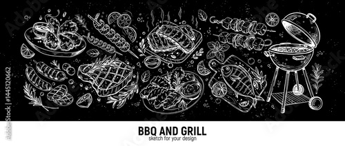 BBQ and grill: fish, shish kebab, meat steak, grilled shrimp, fish, ribs, barbecue chicken wings. Hand-drawn sketch