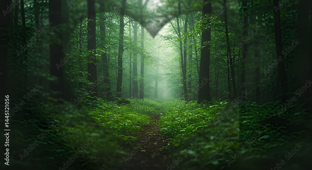 Obraz premium Misty forest path, heart-shaped view. Lush green vegetation lines a narrow dirt path, leading into a foggy woodland