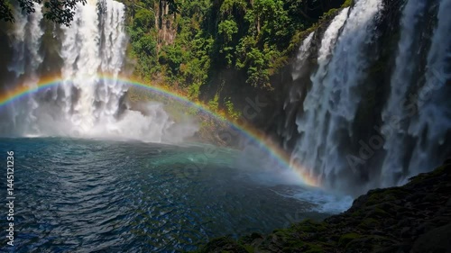Majestic waterfall crashing into tranquil blue pool in lush tropical jungle with rainbow
