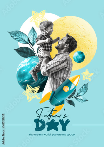 fd_2.epsStylish design for Father's Day. Paper photo collage for greetings, postcards or posters. Dad and son, rocket, planets and stars