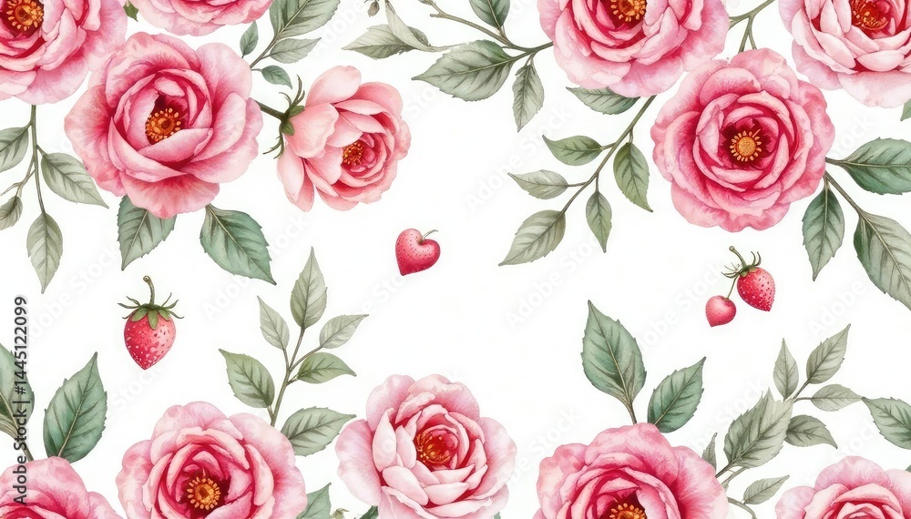 Delicate watercolor roses & leaves, repeating pattern, fabric, pink Delicate watercolor roses & leaves, repeating pattern, fabric, pink