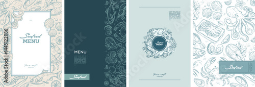 Set of design menu templates. Seafood menu. octopus, scallops, oysters, mussels, crab, shrimp, salmon with lemon and rosemary. Hand drawing sketch.