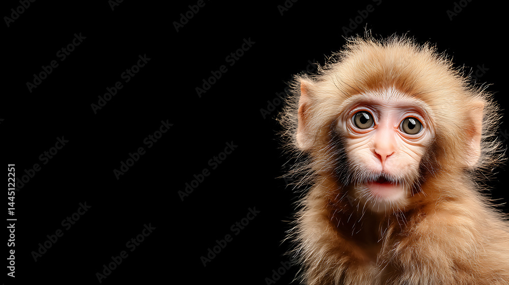 Young monkey with expressive eyes against a black background, showcasing its curious nature Young monkey with expressive eyes against a black background, showcasing its curious nature
