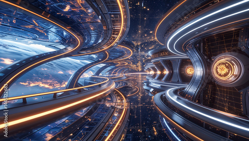 Fototapeta Naklejka Na Ścianę i Meble -  Futuristic space station interior with view of earth and glowing elements