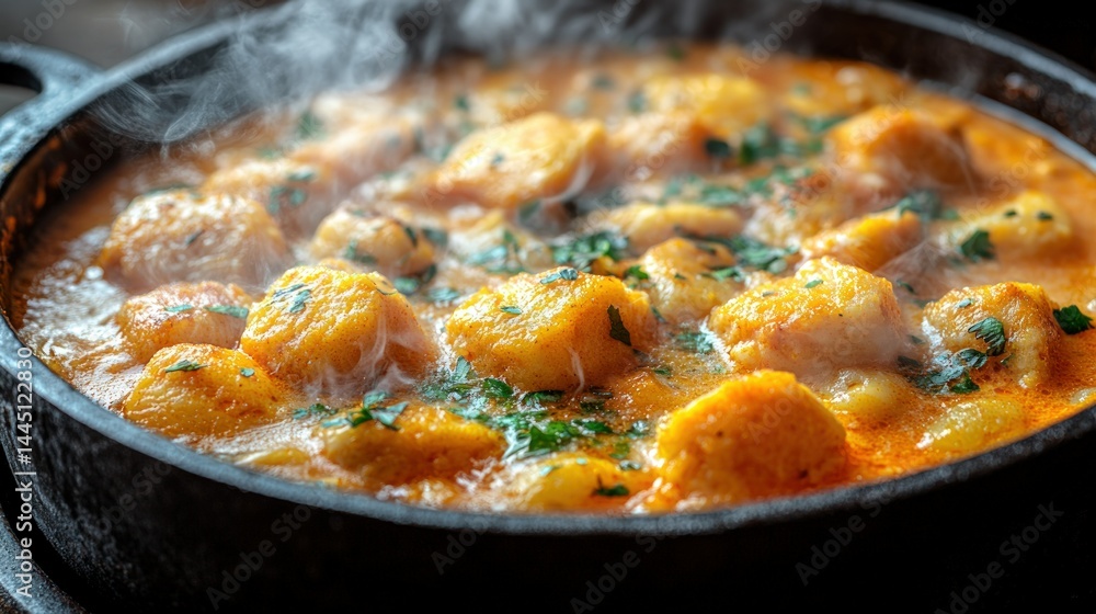 Steamy dumplings simmer in a pan Steamy dumplings simmer in a pan