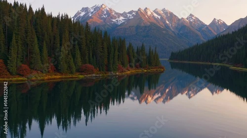 Mirror-like alpine lake reflecting snow-capped mountain and autumn forest
