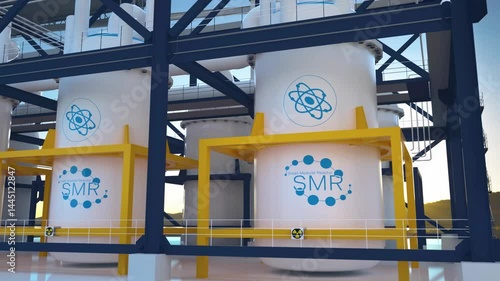 concept of a SMR small modular nuclear reactor power plant on a sunny day. SMR is a future energy concept. 3d rendering.