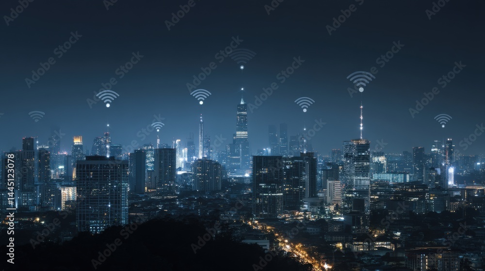 custom made wallpaper toronto digitalNight cityscape with wireless signals. Modern urban scene showcasing technological connectivity.