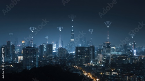 Wallpaper Mural Night cityscape with wireless signals.  Modern urban scene showcasing technological connectivity. Torontodigital.ca