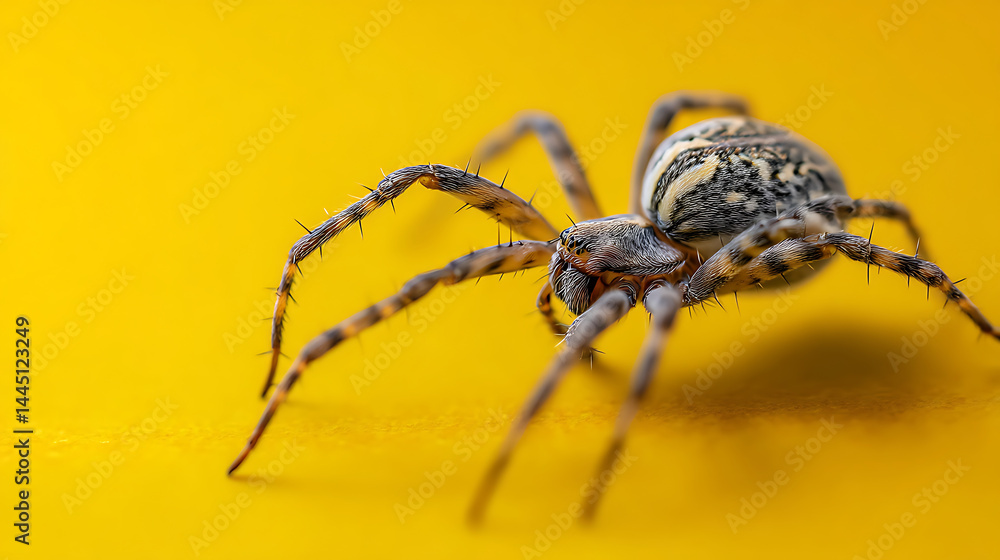 Fototapeta premium Close-up of a spider on a vibrant yellow background showcasing its intricate details and textures